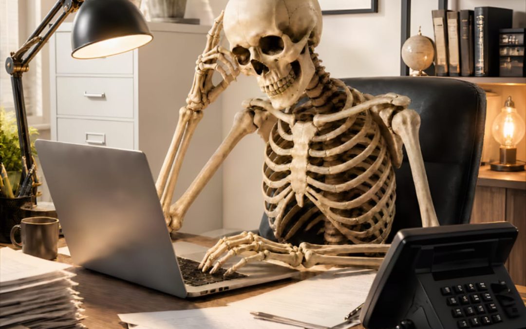 skeleton - desk - phone - laptop - frustarted
